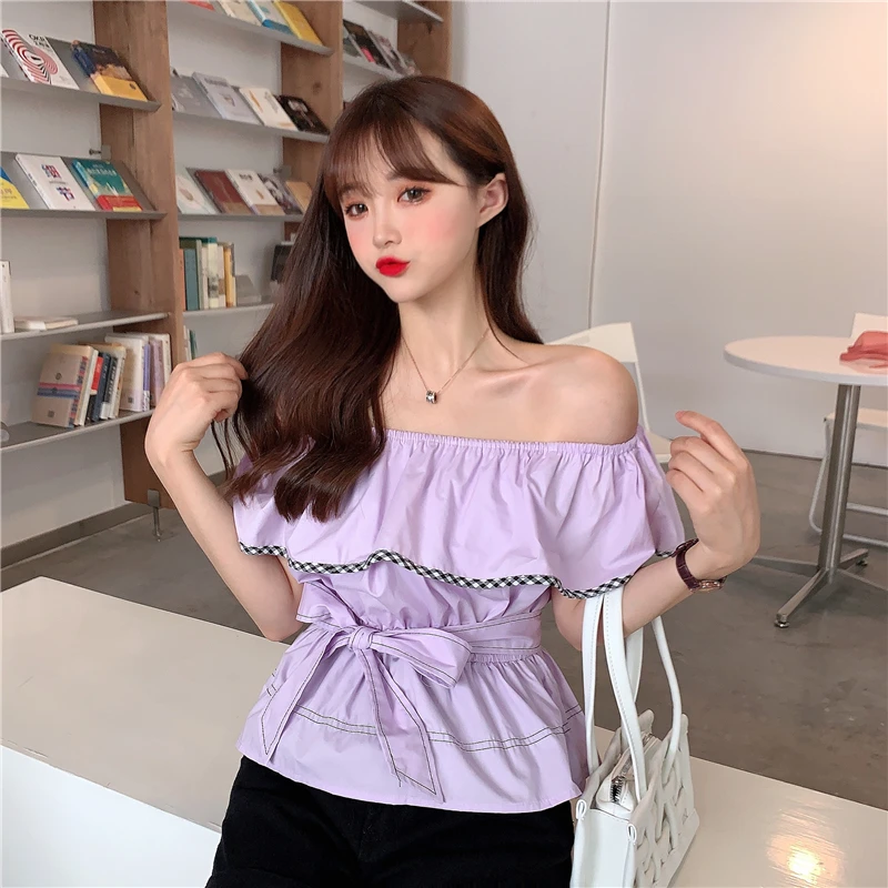 

Sweet Style Off Shoulder Tops Ladies Blouses Off Shoulder Summer Fashion Ruffles Crop Top Shirts Slash Neck Blusas Mujer De Moda