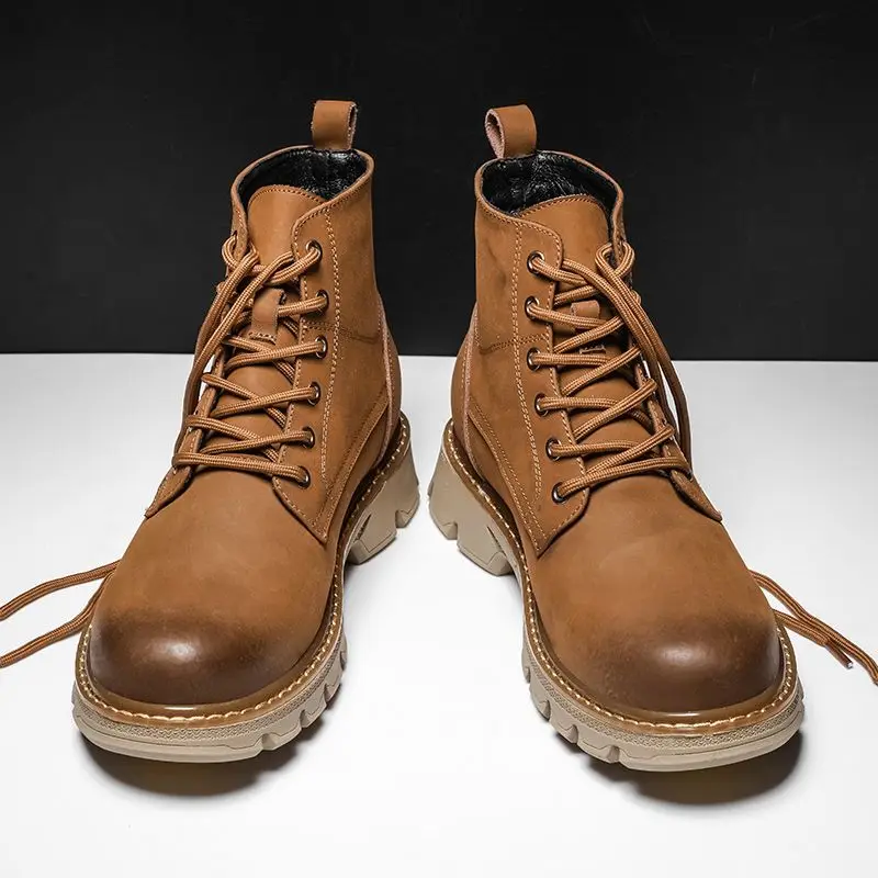 

Autumn Winter New Men PU Lace Up High Help Thick Soled Martin Boots Comfortable Tooling Boots Flat Bottomed Round Head KA513