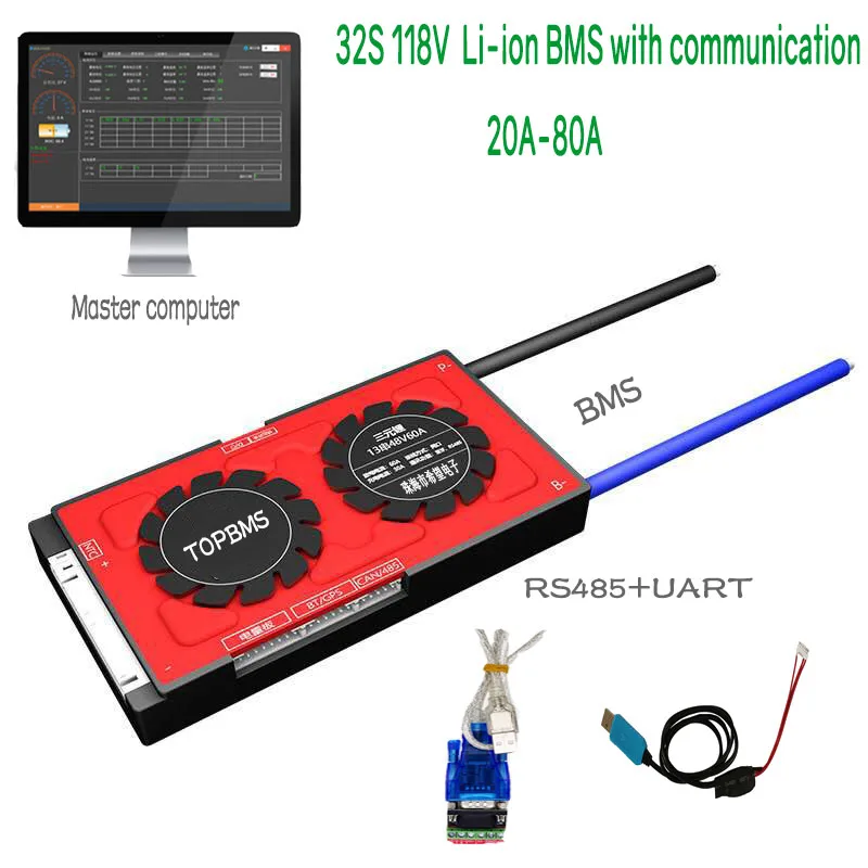 

Литий-ионный аккумулятор BMS 32 S, 118 в, 20A80A, с приложением для телефона Bluetooth RS485, CANbus NTC UART LCD для литий-ионных аккумуляторов 3,7 в, подключенный в 32 ...
