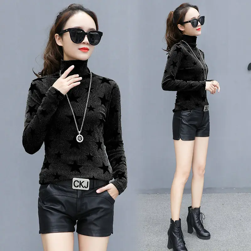 

2019 new casual long-sleeved shirt for women shabby printed five-pointed star female T-shirt slim ladies woman Autumn dress