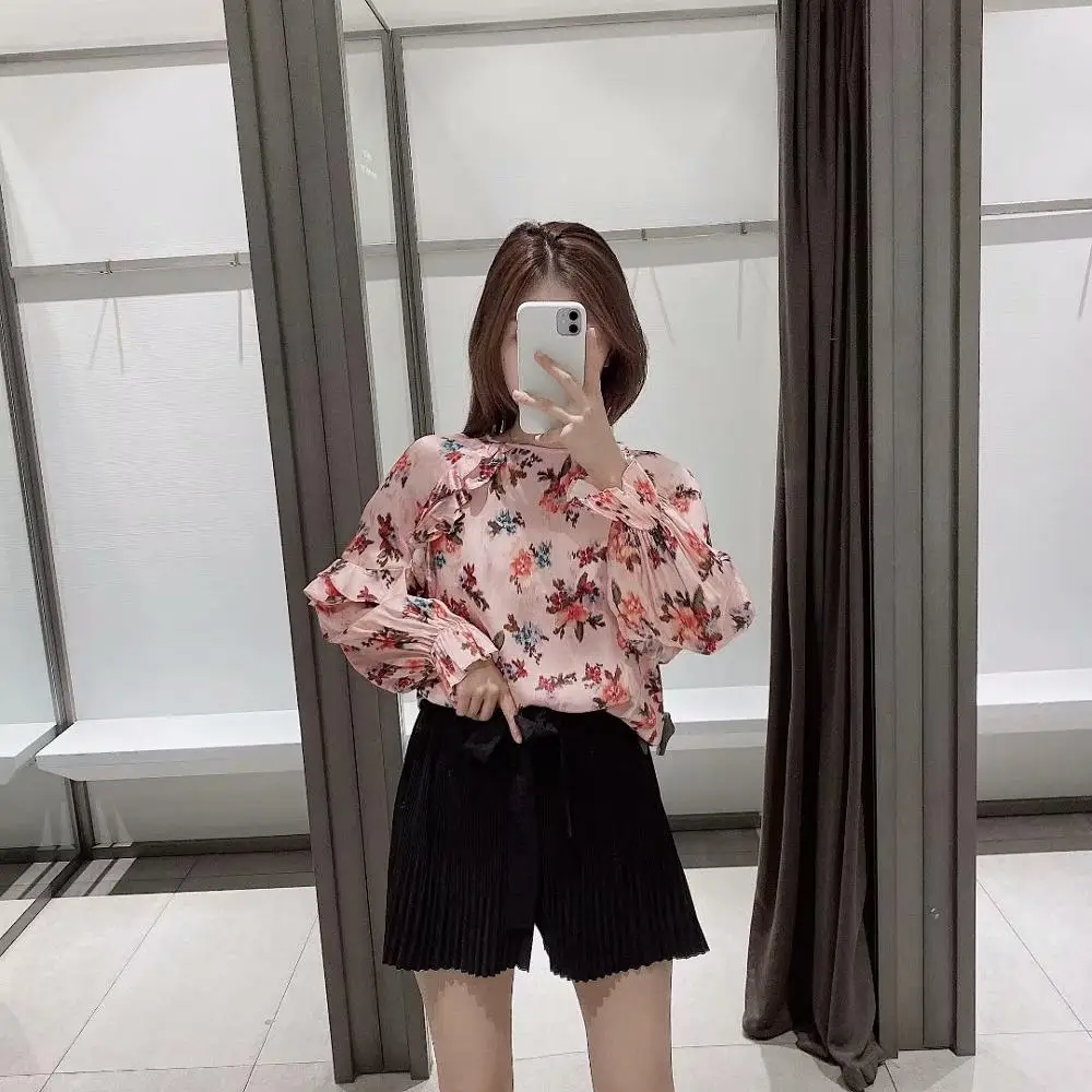 Женская рубашка ZA розовая с цветочным принтом длинным рукавом и о вырезом| |