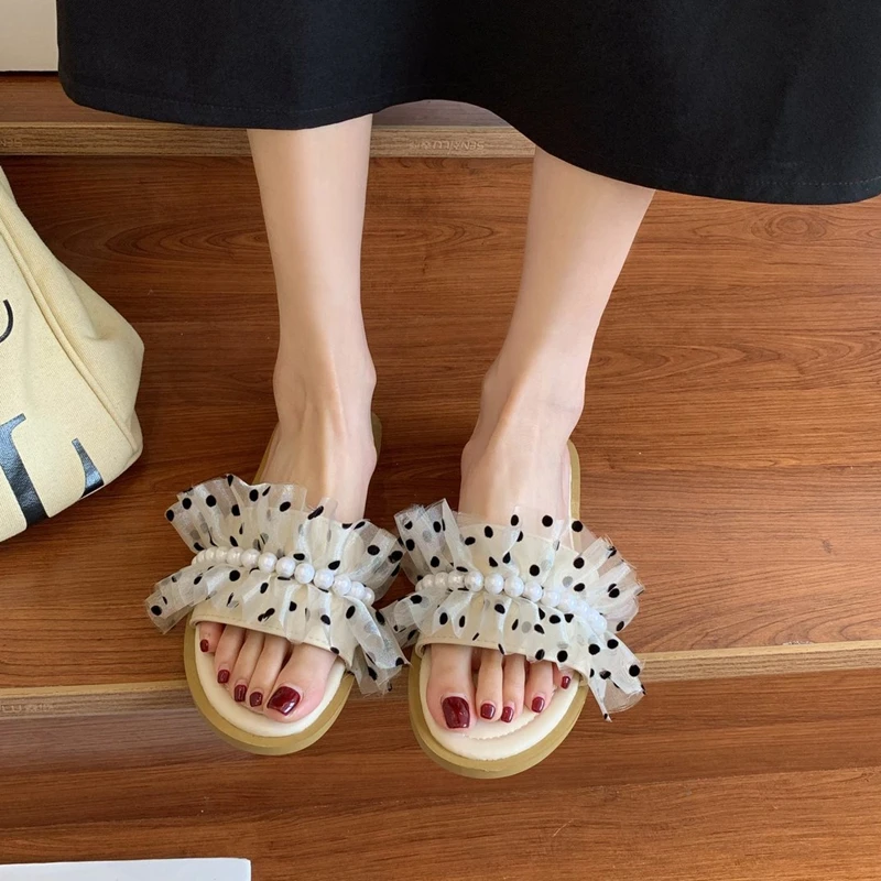 

Shoes Woman 2021 Low Female Slippers Luxury Slides Lace String Bead New Flat Beach Designer Rome PU Rubber Basic Shoes Woman 202