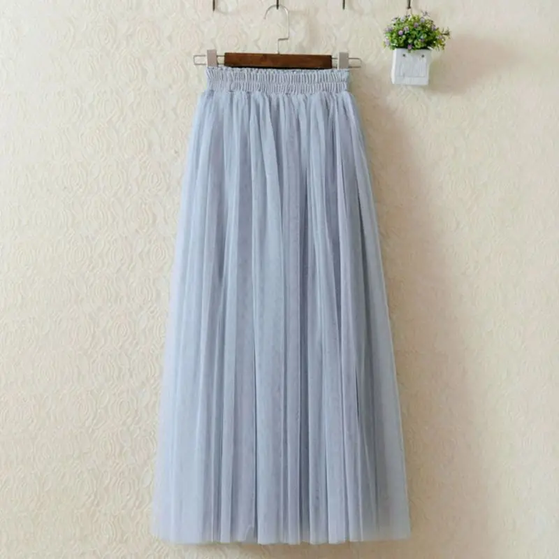 

80CM Women High Waist Three Layer Sheer Mesh Pleated Tulle Midi Long Skirt Sweet Solid Candy Color Drape Swing Loose Skirt New