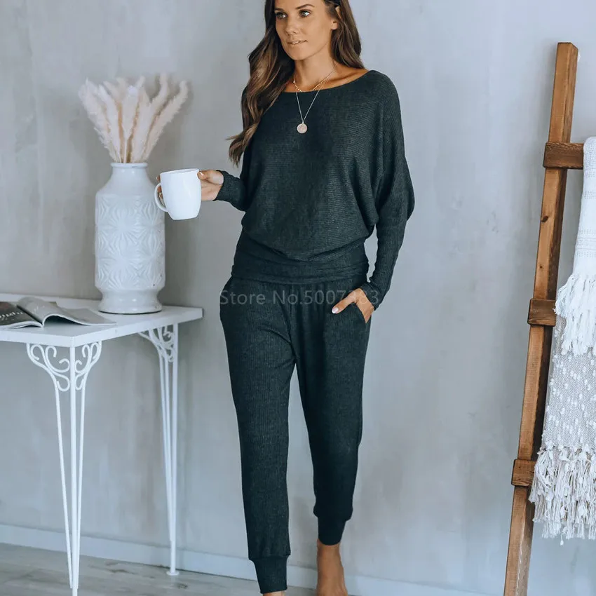 

Spring Autumn Women's Pajamas Loose Shirt Top and Long Pants Set Solid Color Long Sleeve Female Sleepwear Two Piece Outfits