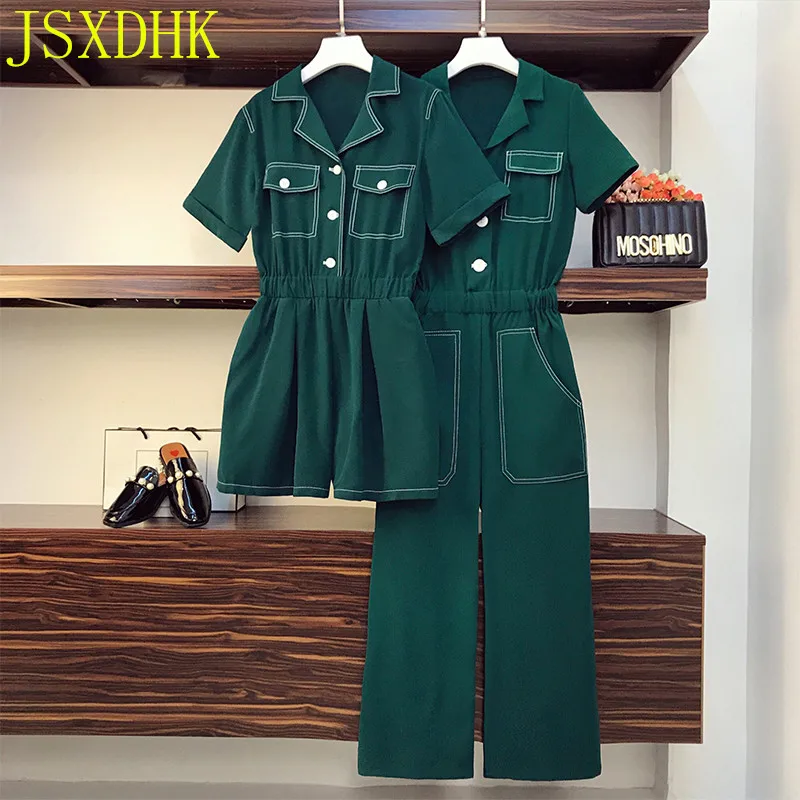 

JSXDHK 2020 Summer Women Casual Rompers Turn-down collar Button Solid Green Fashion Loose Safari style Jumpsuits Plus Size M-4XL