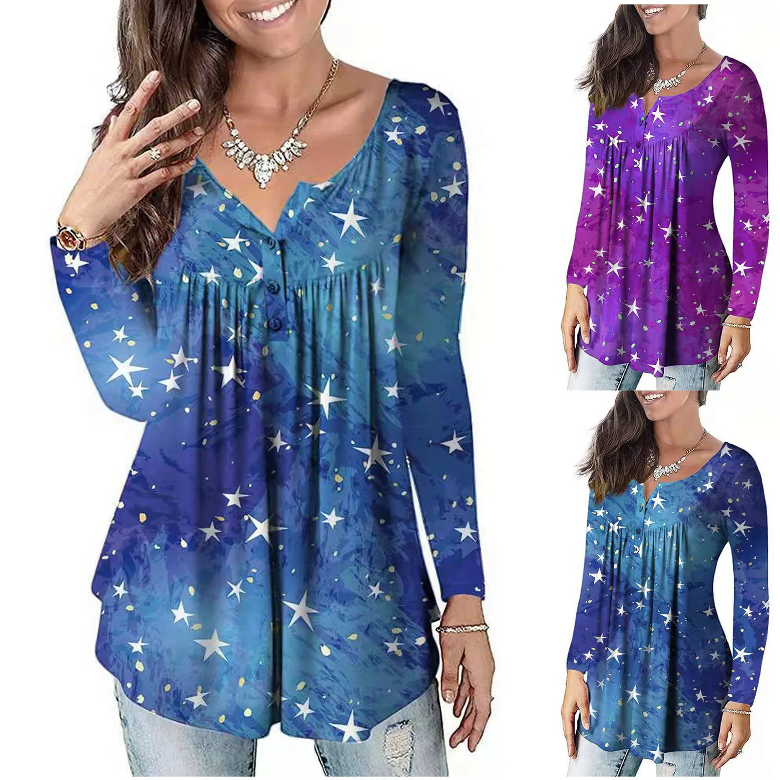 

Футболка женская с принтом, Длинный топ с V-образным вырезом, на пуговицах, с принтом звезд, топ, блузка