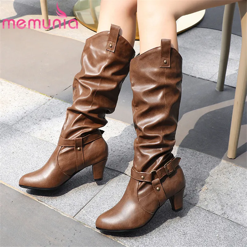 

MEMUNIA 2021 new arrival women knee high boots solid colors autumn winter boots classic vintage high heels shoes ladies