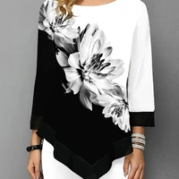 2021 summer new women fashion long sleeve o neck floral print irregular top shirt casual loose t shirt tops blusas