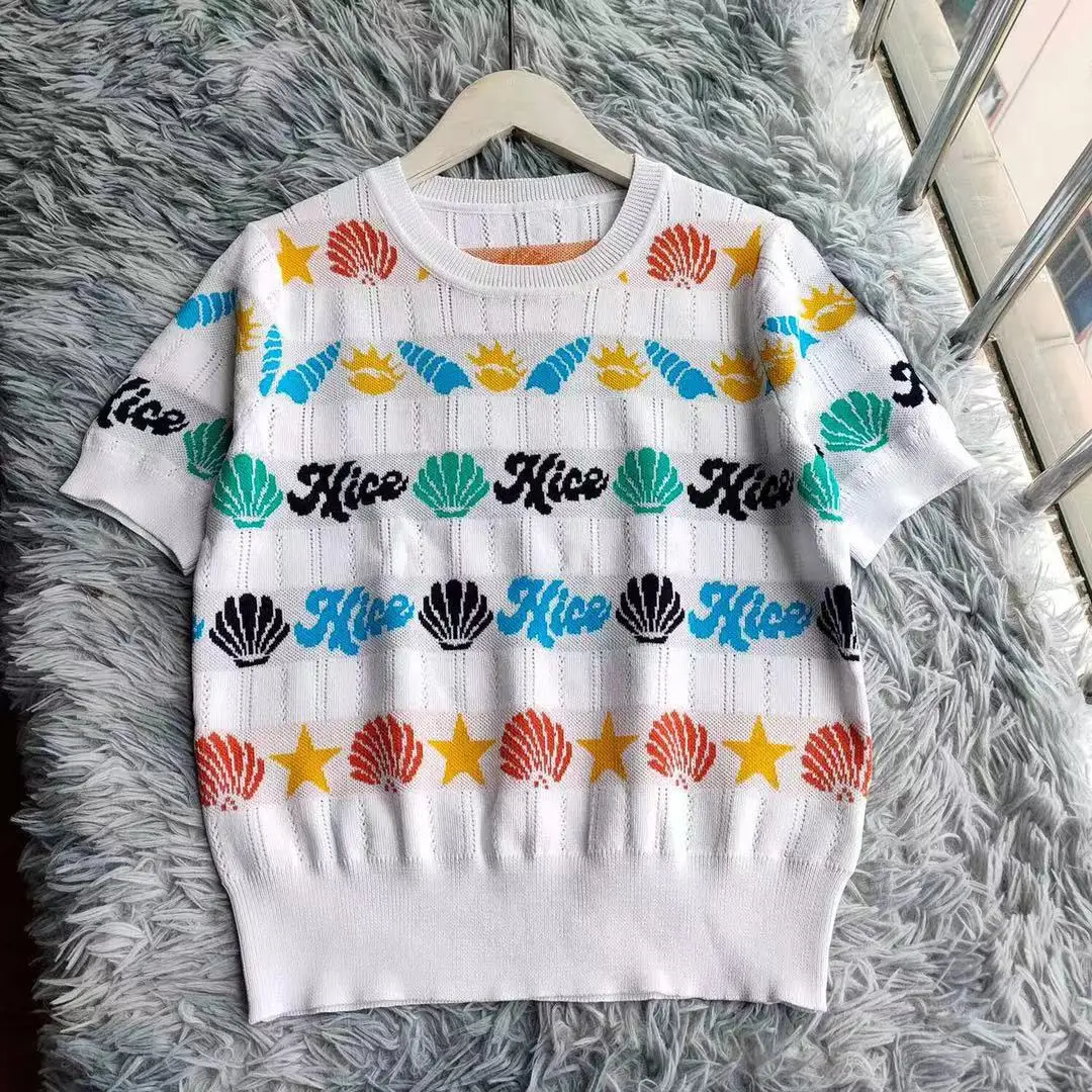 

Women Knitted Pullovers Short Sleeve Casual Striped Shell O-Neck Korean Fashion 2021 Summer Clothes Sweater Tops Pull Femme Ropa