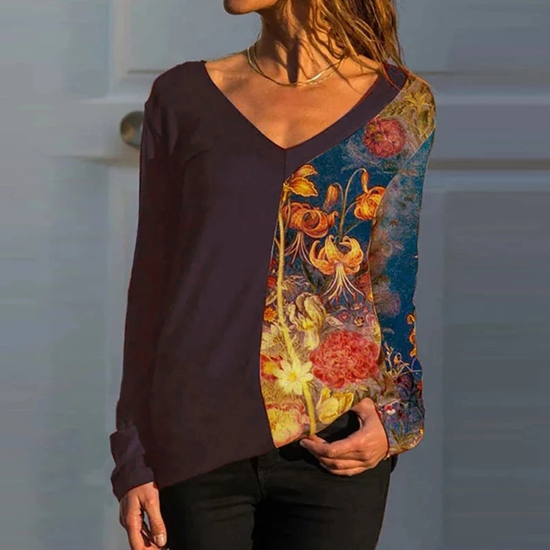 

Patchwork V-Neck Women Loose Blouse Casual Long Sleeve Ladies Streetwear Pullover Tops Vintage Autumn Femme Blusa Oversize 5XL