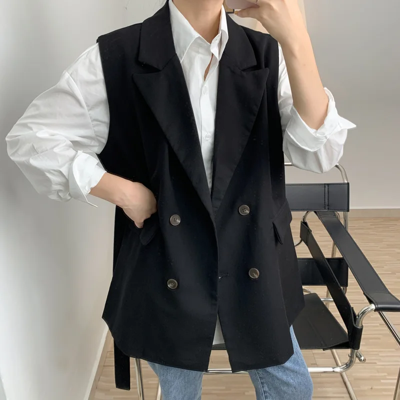 

Spring Summer Korean Dark Coffee Color Sleeveless Blazers Vest Waist Lacing Double Breasted Casual Female Suit Waistcoat Jacket