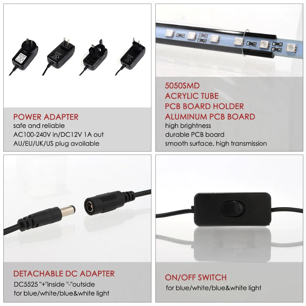 Аквариумная лампа с вилкой европейского стандарта белого и синего цвета