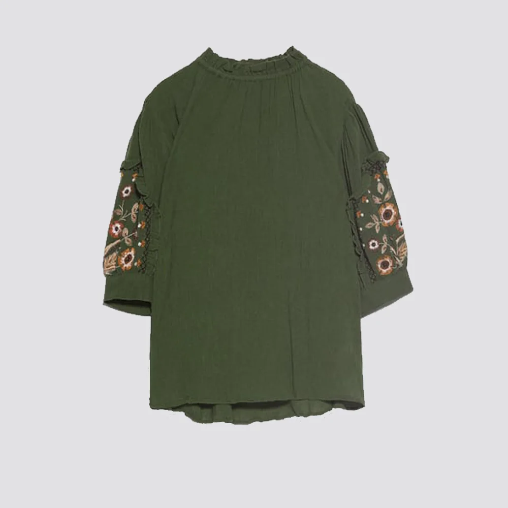 ZA 2019 осень новая вышитая зеленая Нижняя рубашка Мода Boho женская одежда