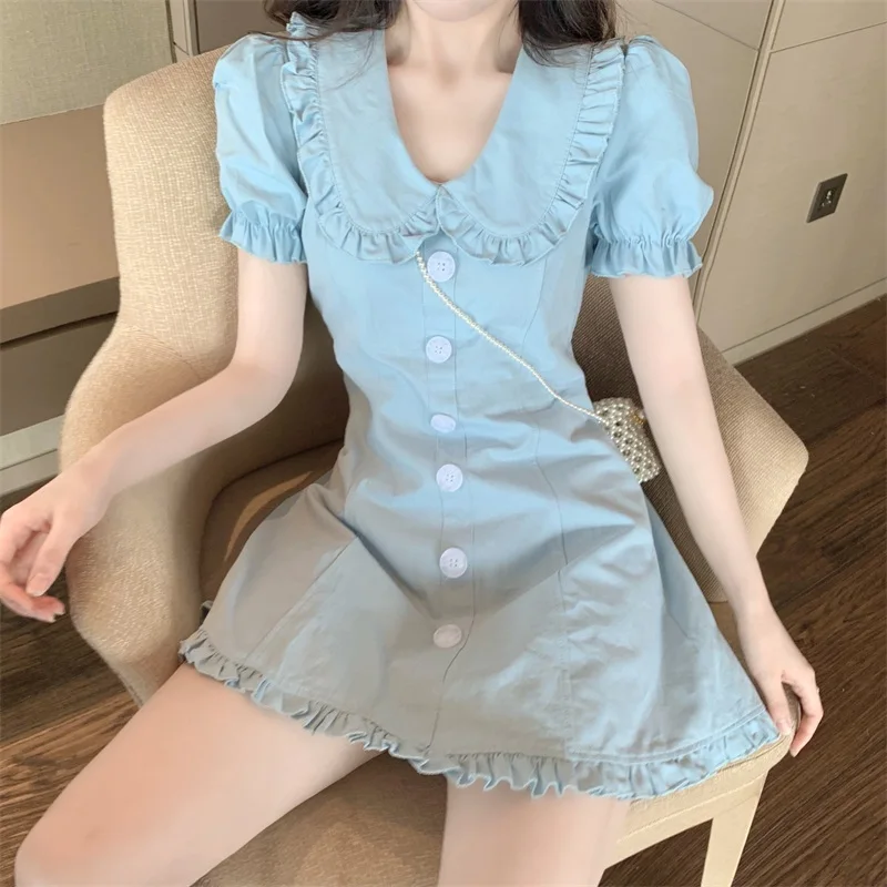 

Korean Summer New French Elegant Dress Sweet Peter Pan Collar Splice Kawaii Ruffles Short Sleeve Dresses A-Line Vintage Dress
