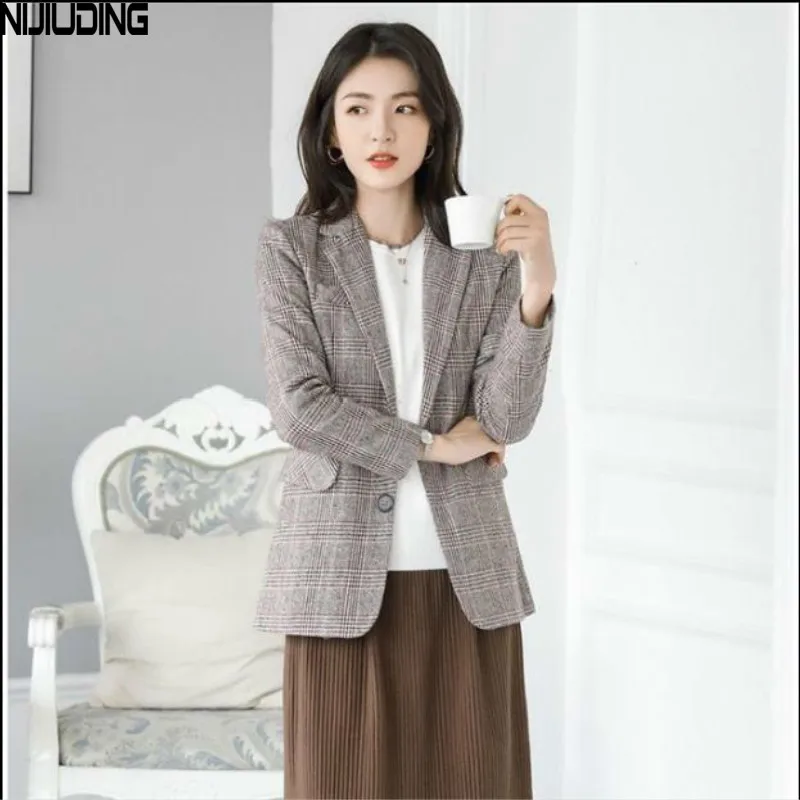 

Женский блейзер NIJIUDING, повседневный клетчатый Топ с длинным рукавом, на одной пуговице, модель 2020 5XL в Корейском стиле на осень, размера плюс