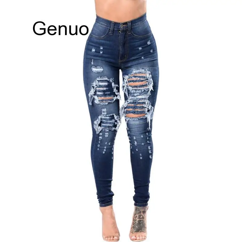 Женские модные джинсы с высокой талией, узкие облегающие джинсы с дырками, обтягивающие Эластичные Обтягивающие рваные джинсы из денима 3XL