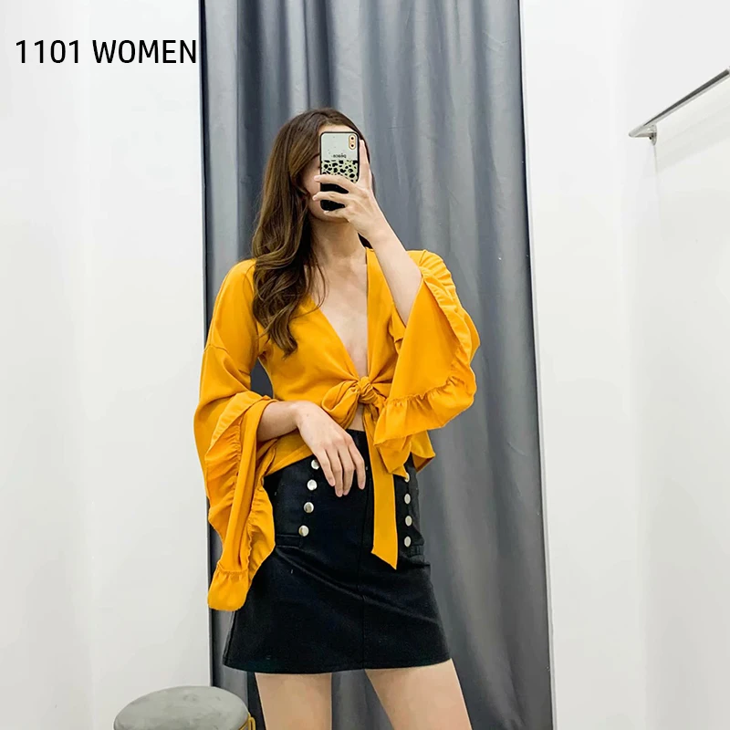 Женский короткий кардиган с расклешенными рукавами ZA повседневный желтый