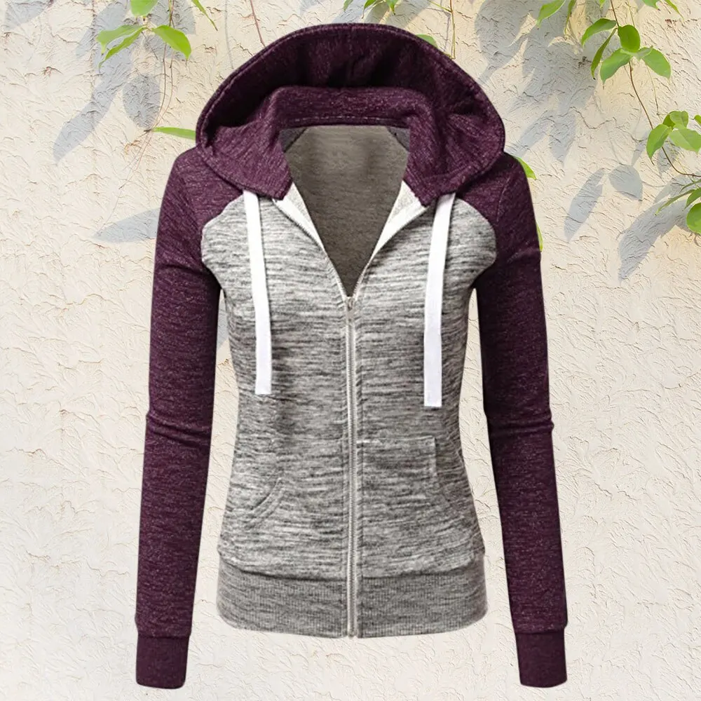 

Women Solid Color Hoodies 5Xl Jacket Autumn Long Sleeve Zipper Patchwork Hooded Sweatshirt Winter Woman Clothing