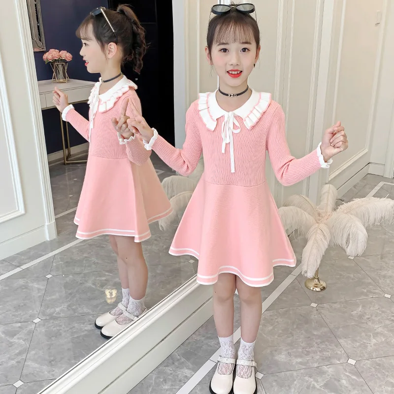 

Autumn Winter Children Warm Sweater Dress For Girls Infant Casual Pure Color Pleated Princess Dress Girl Winter Knitted Dress