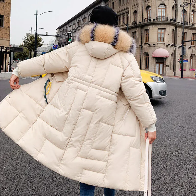 Женский длинный меховой воротник с капюшоном, пекарня, большой размер, зимнее пуховое пальто, Толстая теплая куртка, ватные парки с хлопковой подкладкой, рабочая одежда с большим карманом