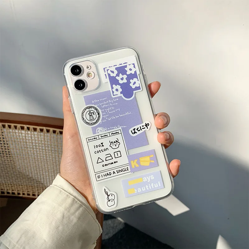 

2021 INS Popular Stickers Case For iPhone 11 11Pro 11ProMax X XS XSMAX XR 12 12min 12Pro 12ProMax Transparent Soft Phone Cover