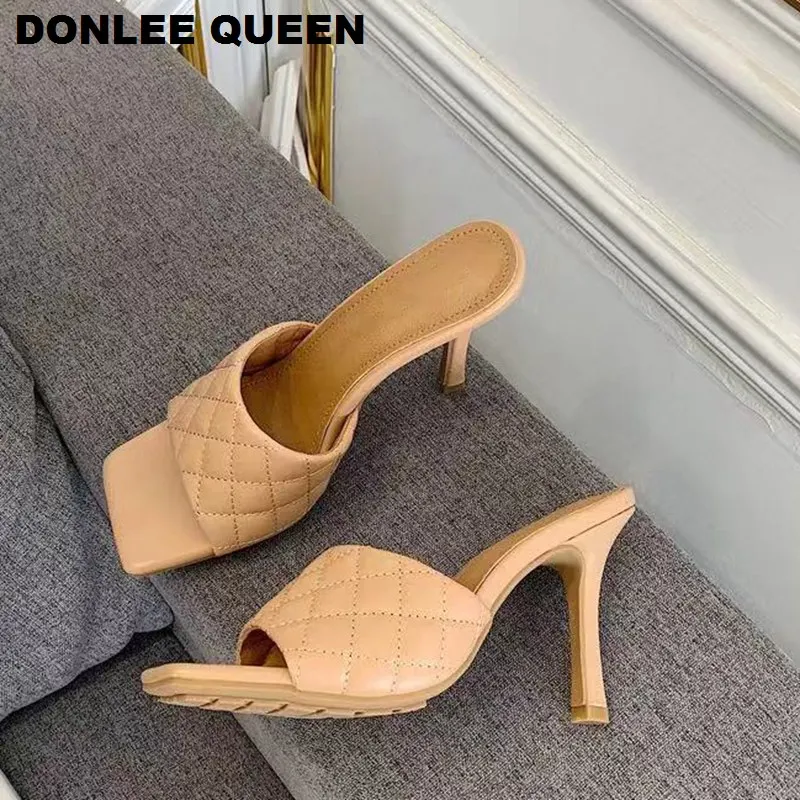 Сланцы женские на тонком каблуке брендовые шлепанцы с вышивкой уличные