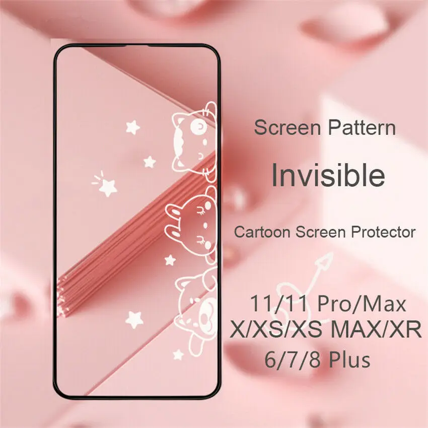 

Cartoon Cat Pattern Front Tempered Glass Film Full Screen Protector 9H Anti-Shatter For iPhone 11 XR 8 Plus 6