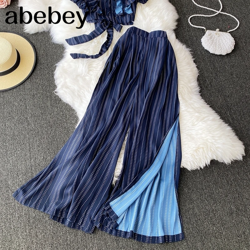 

Vintage Blue Striped Two Piece Set Women Sexy V-Neck Ruffle Short Tops + High Waist Split Wide Leg Pants Female Suit New