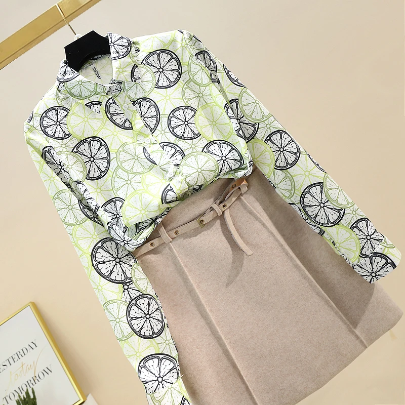 

2021 Summer New Fashion Temperament Blouse Female Lapel All-match Slim Slimming Blusa Lemon Print Chiffon Shirt DK1385