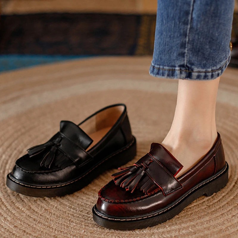

Leather Vintage Nostalgia Lolita Shoes tassel Cowhide Loafers Women Shallow Student Maiden Shoes Pumps Mary Janes Shoes