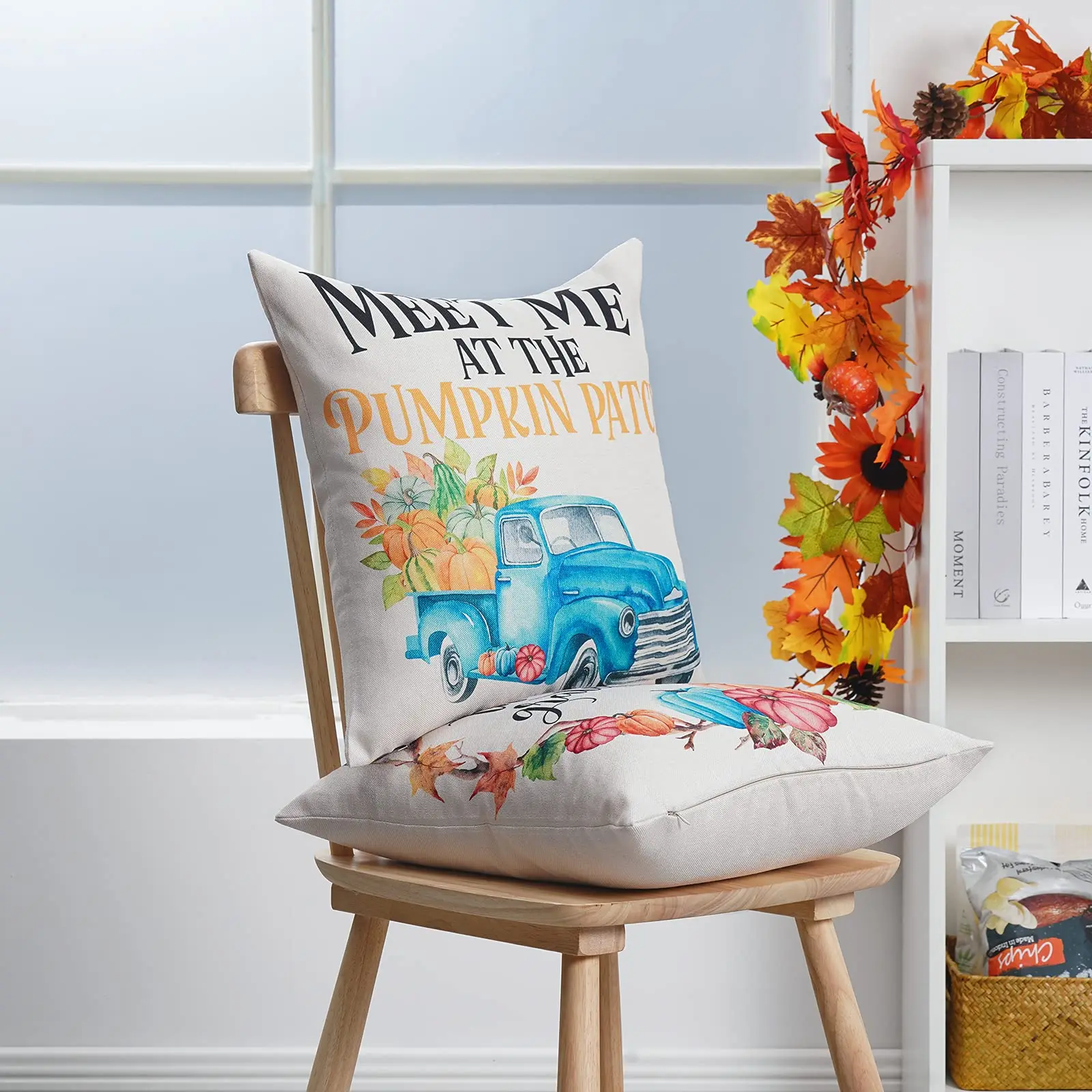 Голубая льняная наволочка с изображением грузовика велосипеда тыквы дивана