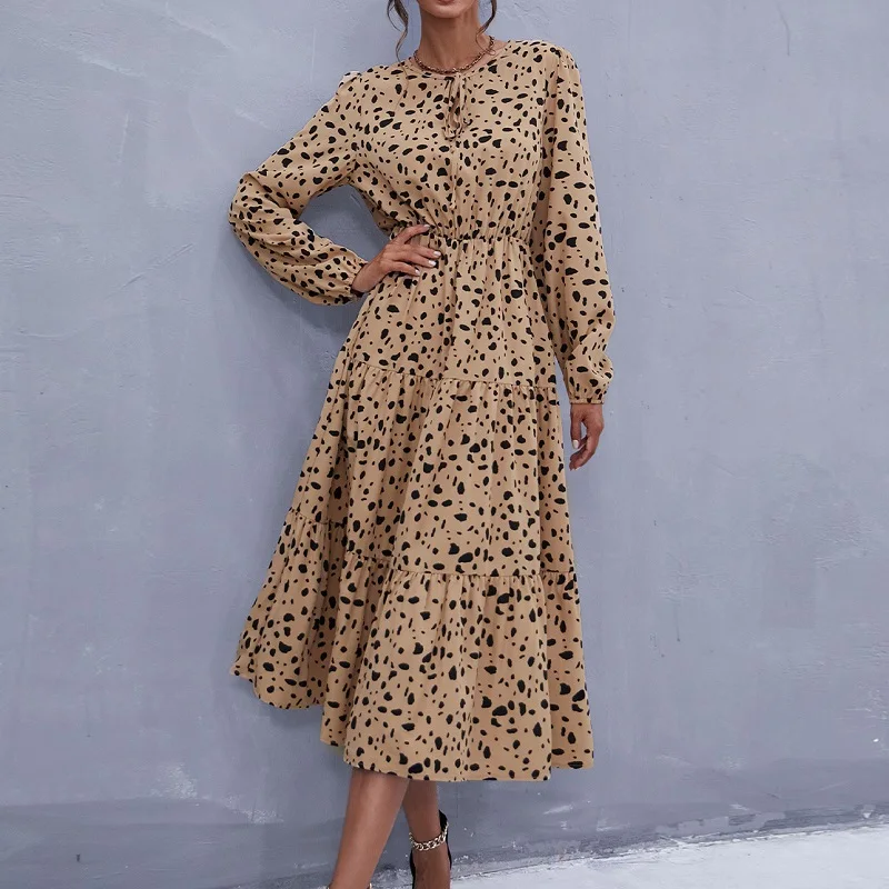 

Elegant women's midi A-line dresses 2021 autumn new lantern long-sleeve button high-waist big hem leopard print dress for women