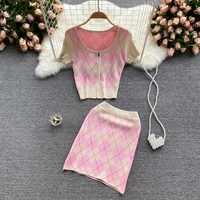 summer korean fashion casual plaid knitted 2 piece set women zipper crop top skirt suits tracksuit women two piece suits
