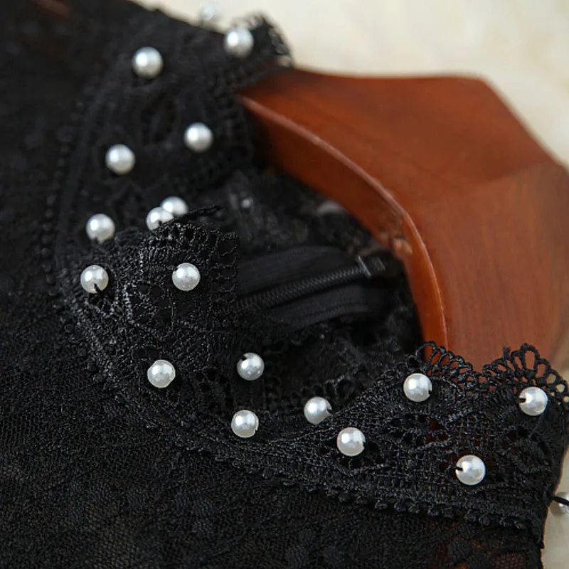

Elegant Stand Collar Beading Lantern Sleeve Hollow Long Lace Dress Black Festa Women Fashion Celebrity Party Robe Spring Vestido