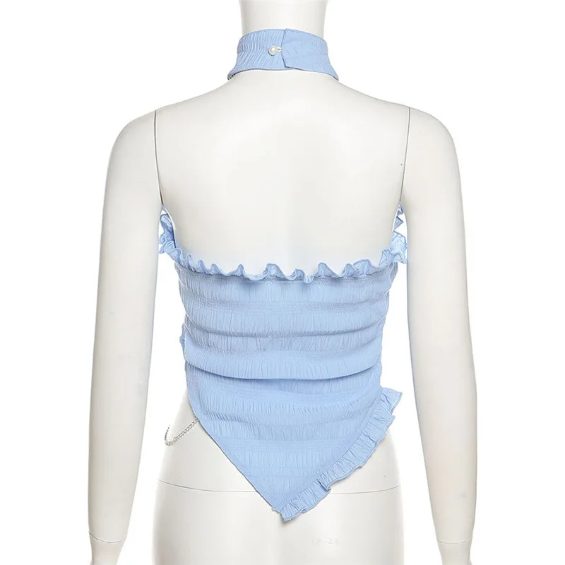 

2021 Summer Fashion Women's New Solid Color Bandage Bowknot Tube Top Halter Slim Sexy Vest with Wooden Ears Women Clothing Blue