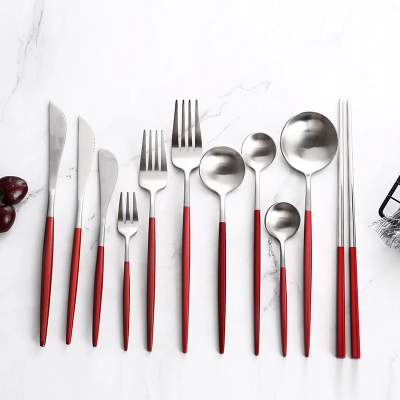 

Red Silver Chopsticks Dinnerware Set Stainless Steel Butter Knife Dessert Knife Fork Spoon Ice Spoon Tea Fork Cutlery Set 304
