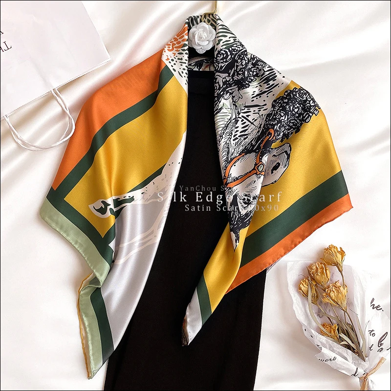 Женский атласный шарф 90 см Шелковый дизайнерский с принтом лошади - купить по