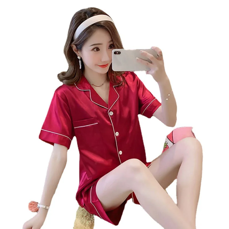 Womens Silk Satin Pajamas Set Short Solid Home Suit Sleepwear Summer Cardigan Plus Size Women Pyjamas Sets Cute Satin Nightgown