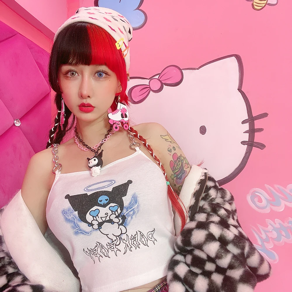 

Summer Sweet Women's Vest Japanese Y2k Cartoon Print Halter Neck Short Top Slim Sexy Hot Girl Strap Outer Wear Vest