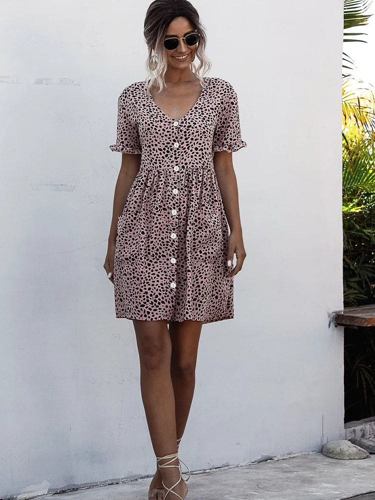 

Женское платье в горошек, летнее плиссированное платье с коротким рукавом и V-образным вырезом, 2021