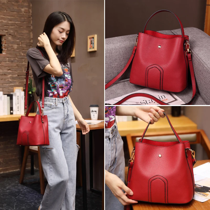 Genuine Leather Handbag Bucket New Korean Version Of The Trendy Fashion Casual Wild Retro Single Shoulder Messenger Handbag Bag