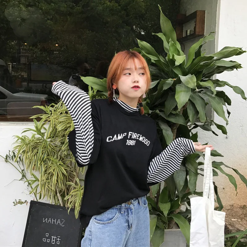 LERFEY Women T-shirts Tunic Korean Harajuku Vintage Striped Long Sleeve T-shirt Female Ulzzang Patchwork Tees Casual Loose Tops | Женская