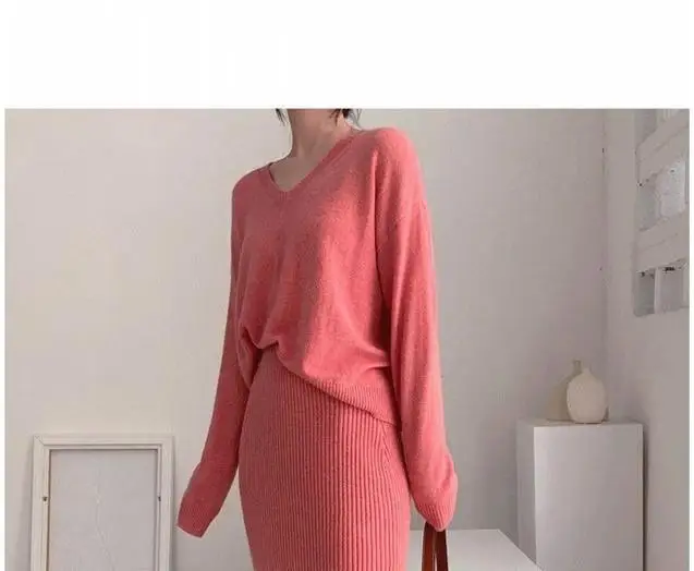 

Korean Style Vintage Slim fit Fall sweaters + Sexy high waist knitwear Skirts knitwear set wholesale hk165