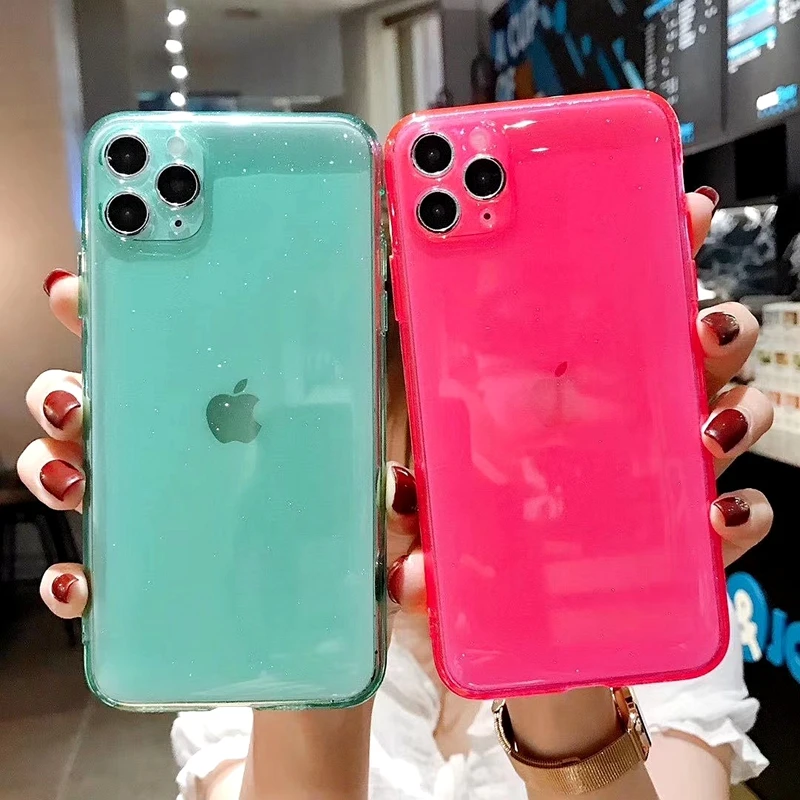 

Fluorescent Flash Powder Luxury Candy Transparent Phone Case for Iphone 11 Pro Max SE 2020 Soft Silicone Shockproof Cases Cover