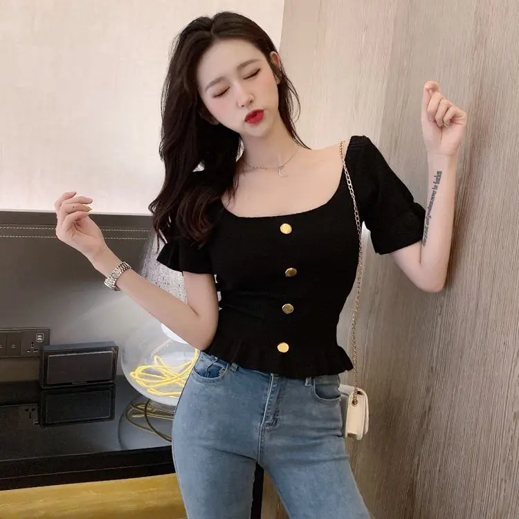 

Summer Korean style temperament square collar slim slim buckle decorative short sleeve T-shirt short sweater top women