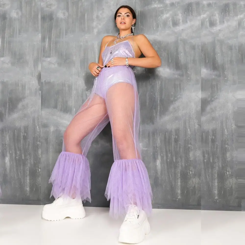 

High Street See Through Tulle Pants Sexy Women Long Tulle Pant Ruffles Puffy Custom Made Any Color Plus Size Pant