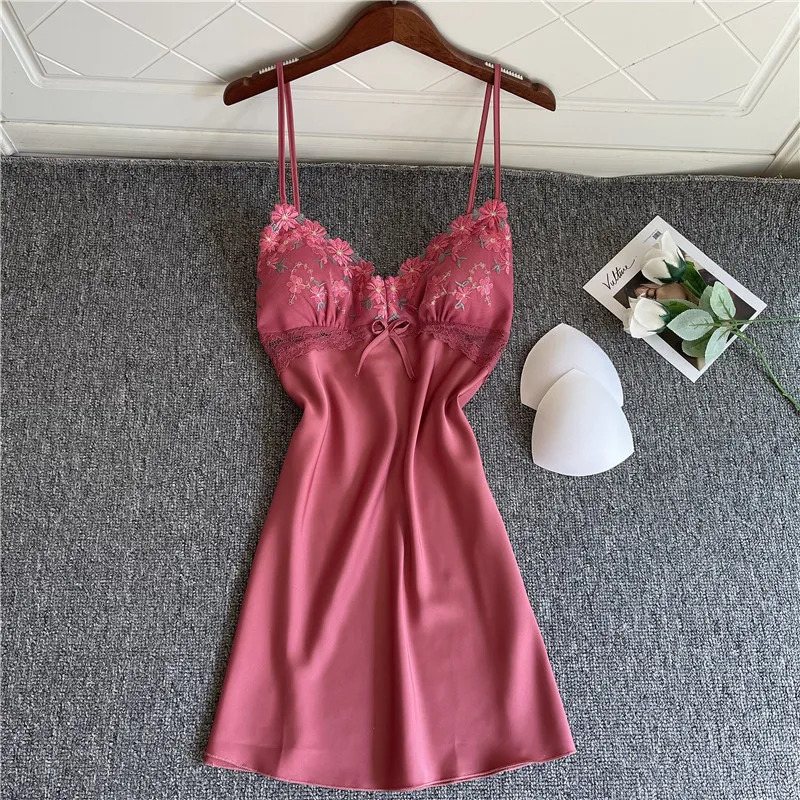 

Summer Satins ice Silk sleep dress women elegant sexy lace flower Korea Spaghetti straps nightgowns sleepdress women nightwear