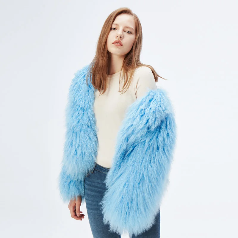 NEW Design Olivia's Womens Lamb Fur Coat Tan Sheep Fur Coats Short Sheep Skin Jacket 55cm Mongolia Sheep Fur In Real Fur Coat