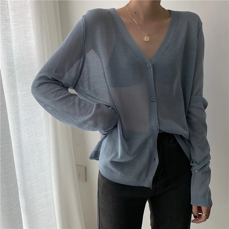 

2021 new Thin air-conditioned summer edition Sun Block long-sleeved V-neck Knit Cardigan Blouse trend
