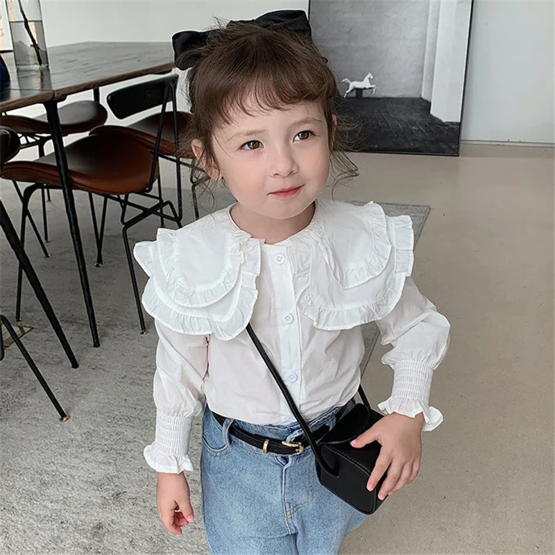 Children Kids Clothes Fashion Tops Summer Spring Baby White Shirt For Girl Girls Shirts Doll collar Long Sleeve Korean Costume
